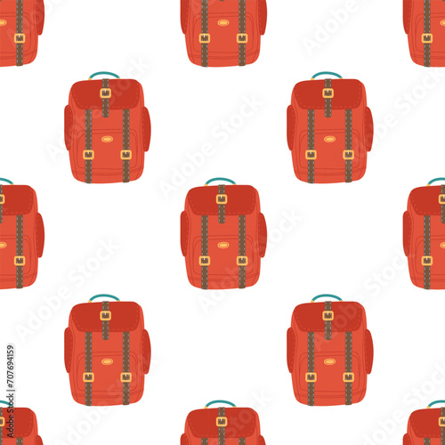 Seamless Backpack pattern. Travel, nikes, trips tourism, voyage or vacation background wallpaper, textile, wrapping. Traveler's luggage print. Sports bag. Model with pockets and belts.