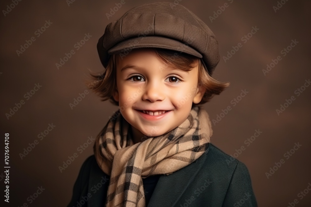 Portrait of a cute little boy in a cap and scarf on a brown background Portrait of a cute little boy in a cap and scarf on a brown background