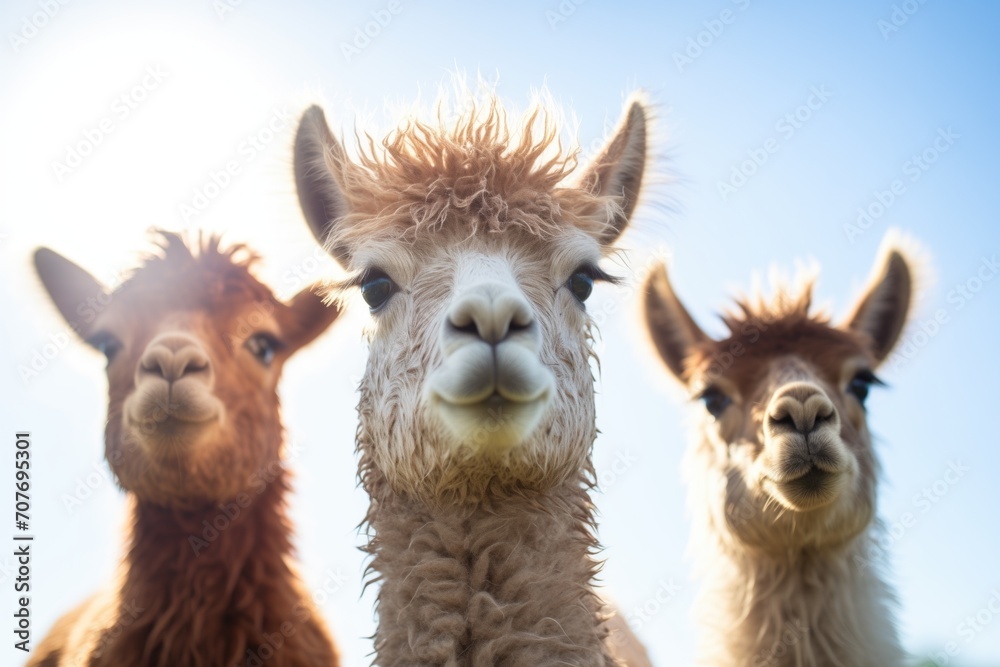 three alpacas side by side under midday sun
