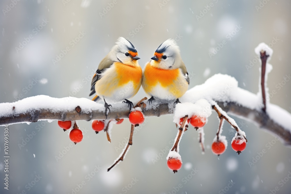 pair of winter birds perched on a snowy branch pair of winter birds perched on a snowy branch