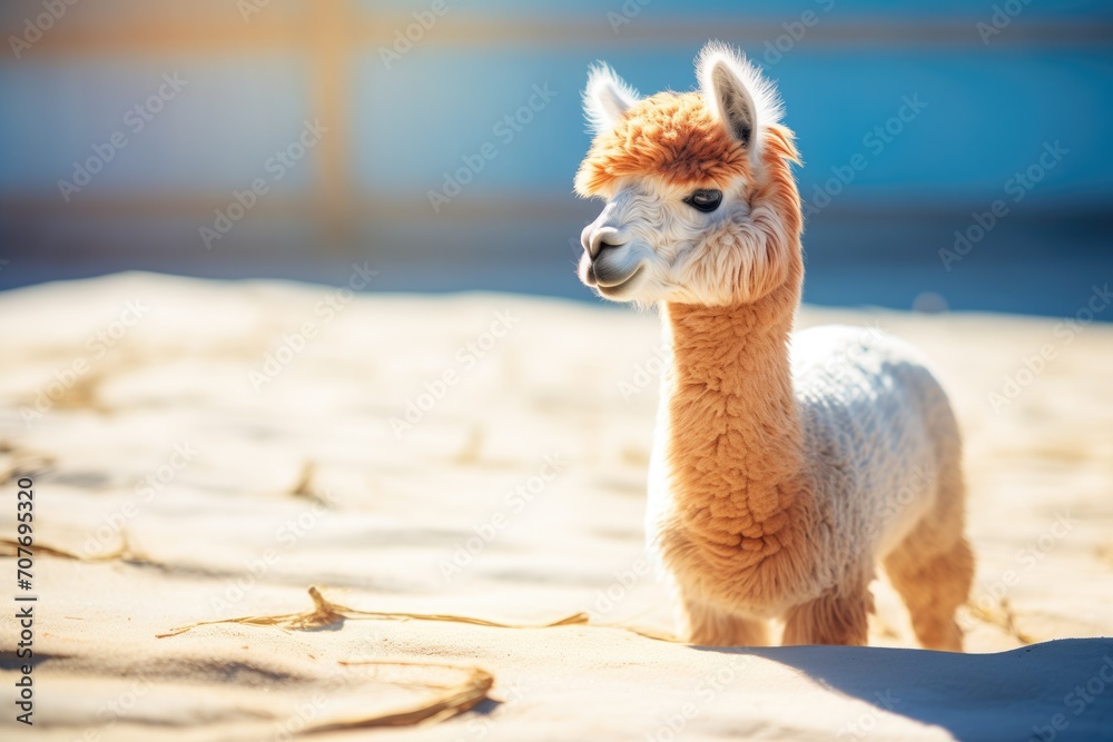 Fotografie alpaca with long shadow on sunny day