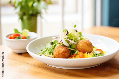 arancini arranged with mixed green salad side