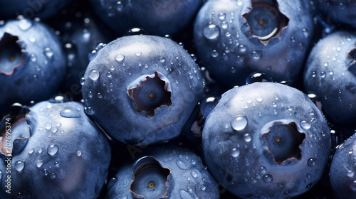 Nature background. Big beautiful water drops on ripe and juicy fresh picked blueberries closeup. Macro view of abstract nature texture and background organic pattern