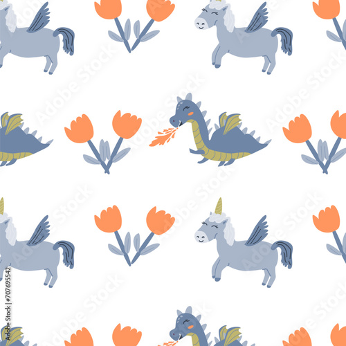 cute fairy characters dragon and unicorn with flower seamless pattern isolated. Vector illustration can used for greeting card  childish celebration card  wallpapers. 