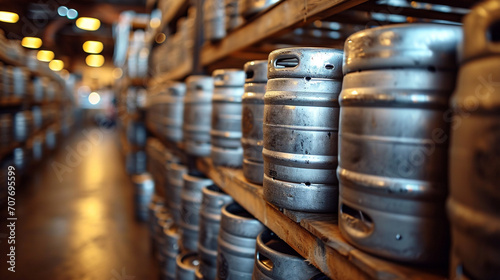 Large metal barrels or containers for beer in industrial production. Kegs for beers photo