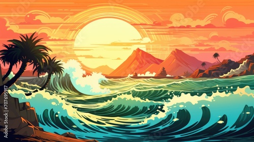 Tsunami wave in the sea coast  sunset landscape illustration in cartoon style. Scenery background