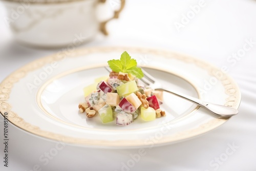 single serving of waldorf salad with a fork on a porcelain dish