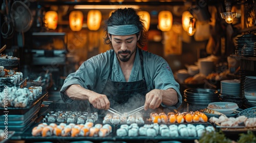 Asian-looking chef prepares fresh rolls and sushi with virtuosity