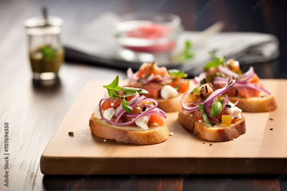 mix of bruschetta, some with white cheese, some with red onion