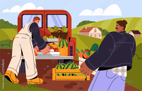 Agriculture works in countryside. Rural worker holds basket with crop, loading harvest in truck. Farmers carrying vegetables, fruit for selling. People at farmland landscapes. Flat vector illustration