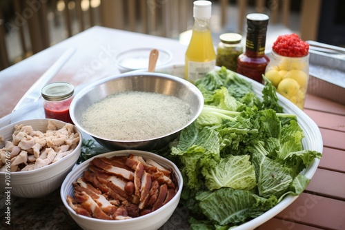 caesar salad ingredients spread out before mixing