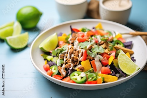 spicy cashew dressing drizzle over taco salad, lime wedge