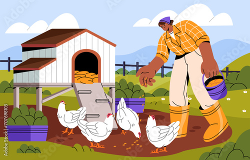 Agriculture worker feeding hens. Farmer scatters grain to chickens. Breeding, care about domestic bird. Girl sprinkles corn to farm animals near coop. Farmland landscape. Flat vector illustration