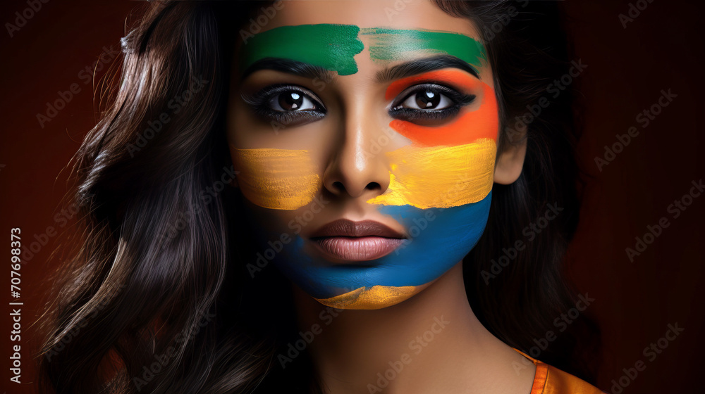 The Enchanting Fusion, A Womans Face Awash With a Vividly Painted Flag