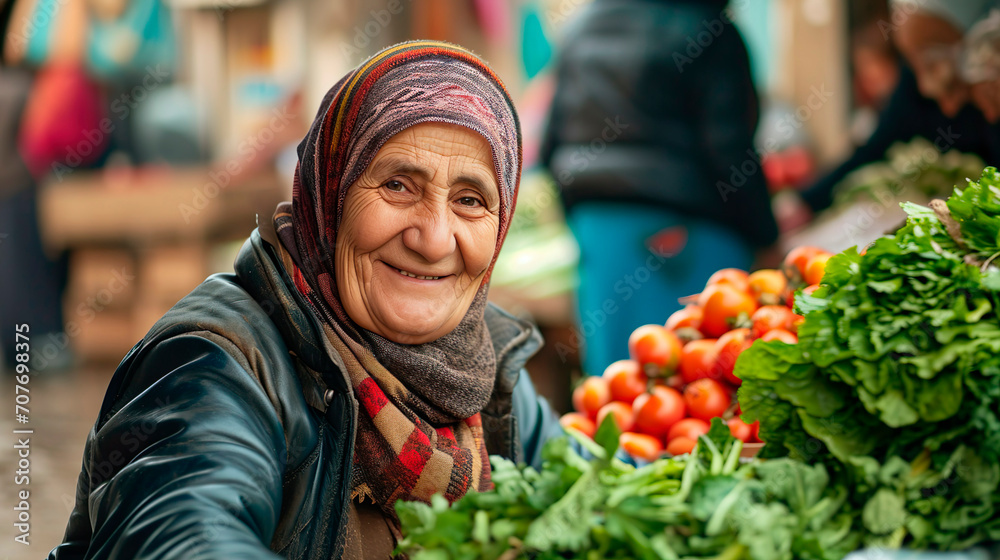 portrait of a woman selling vegetables at a street market in the city portrait of a woman selling vegetables at a street market in the city