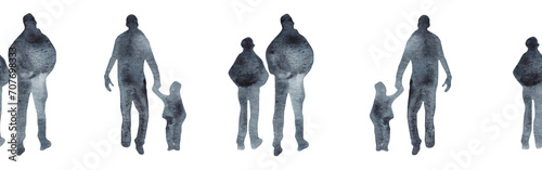 Watercolor border with silhouettes of people. Brush strokes in the form of blue silhouettes of people,Silhouette of family on white background.