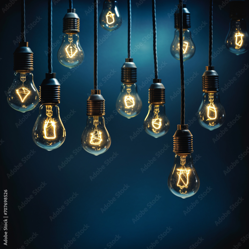 Garland of electric bulbs hanging in a row on dark blue background. Garland of electric bulbs hanging in a row on dark blue background.