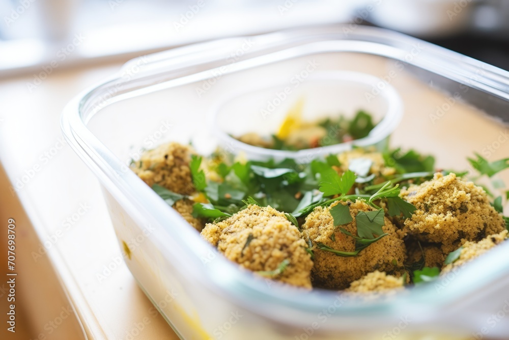 falafel balls in a clear container, uncooked falafel balls in a clear container, uncooked