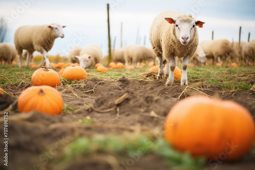 sheep grazing in a pumpkin patch