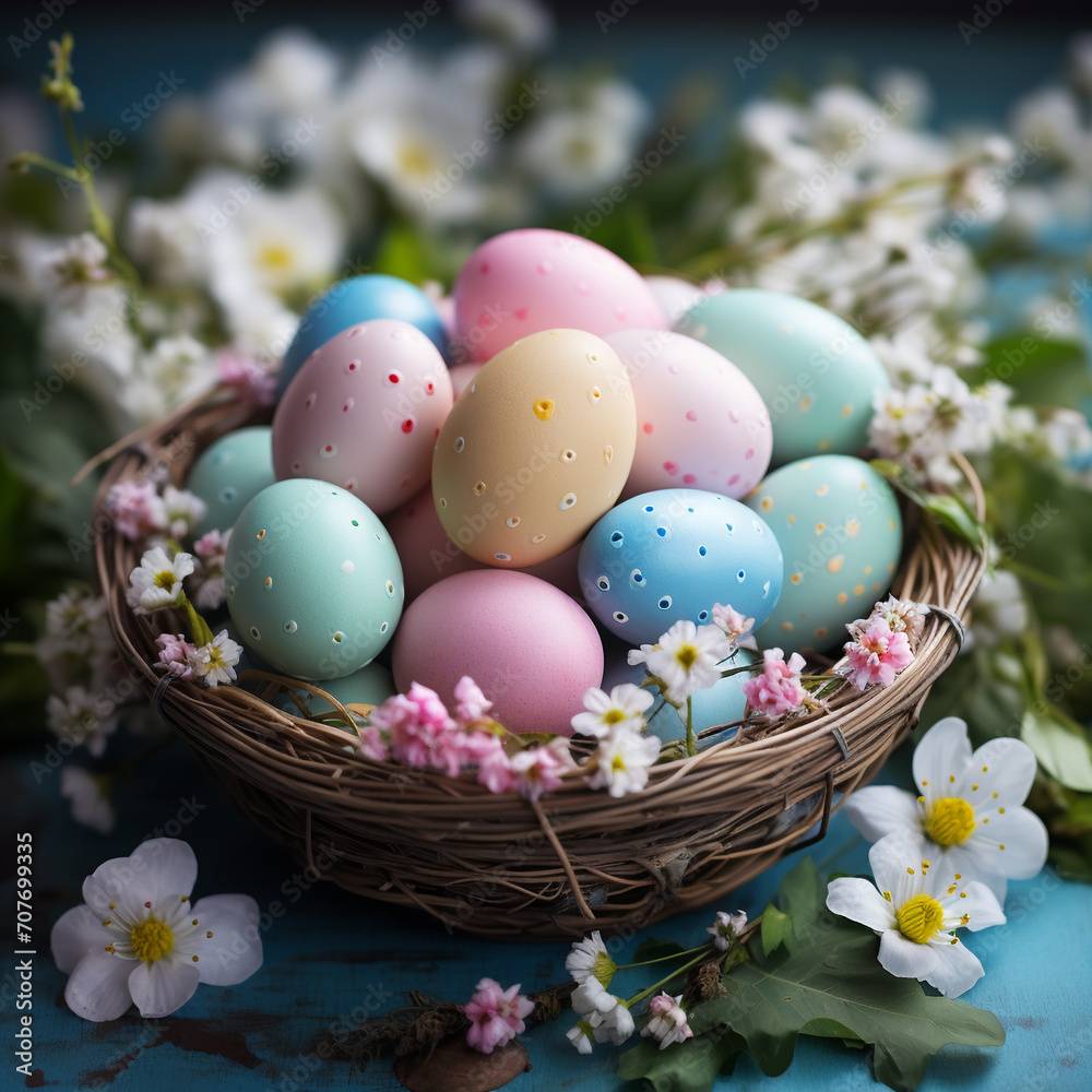Easter eggs of different colors in wicker basket on blue background. Easter eggs in pastel colors.