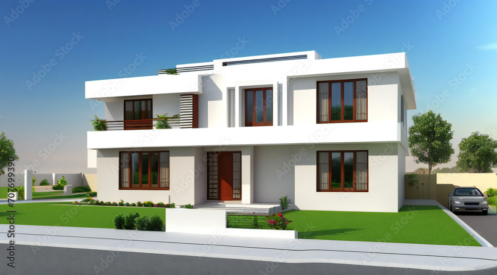 Fototapeta premium Modern white two-story house with flat roof, large windows, green lawn, and driveway with car under clear blue sky, ideal for real estate and architectural design projects.