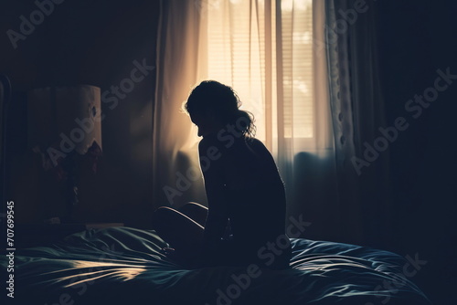 Silhouette woman sitting on the bed in the dark room, Sad woman