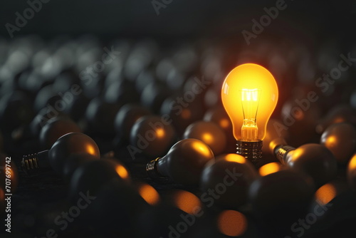 One of Lightbulb glowing among shutdown light bulb in dark area, new idea