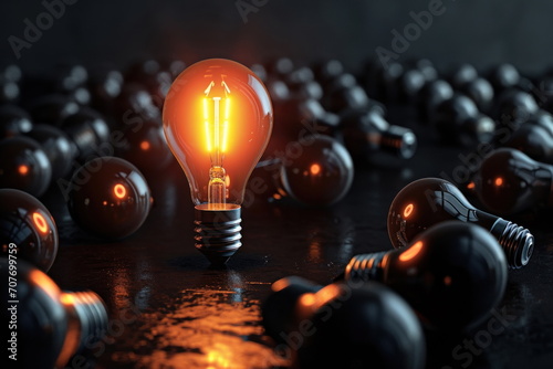 One of Lightbulb glowing among shutdown light bulb in dark area, new idea
