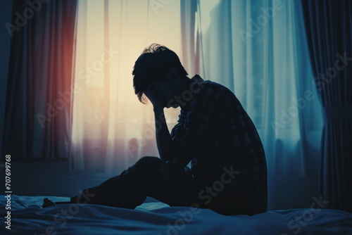 Silhouette man sitting on the bed in the dark room, Sad man