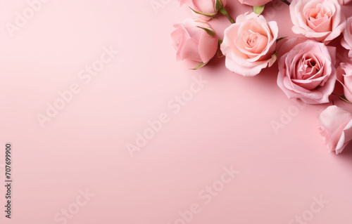 Greeting background with freshly pink roses flowerson a pink background . Festive banner for birthday, mother's day, March 8, anniversary.Flat lay, top view. Copy space. Mock up.