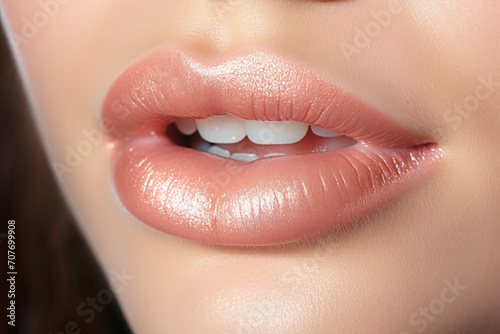 Close-up of beautiful female lips. Peach fuzz lipstick,, gloss,open mouth. Trending color 2024.. Makeup. Beautiful model skin. Sexy plump lips.