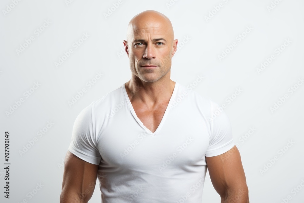Portrait of handsome bald man in white t-shirt. Studio shot. Portrait of handsome bald man in white t-shirt. Studio shot.