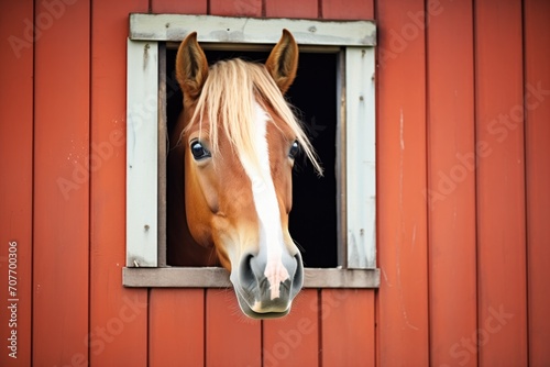 chestnut horse peeking from red barn window