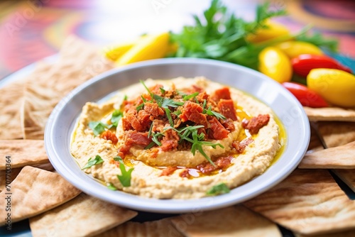 sun-dried tomato hummus with pita pieces arranged in rows
