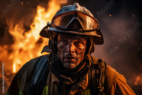 A firefighter in full gear, courageously battling flames and smoke, with the intensity of the firefight captured in the background.