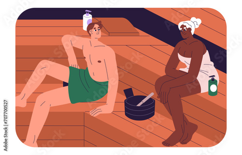 Finnish sauna, Russian banya. Thermal spa. Men and women relax on wooden bench in steam room. People bathing, sweat in hot bathhouse. Couple in towels care about wellness. Flat vector illustration