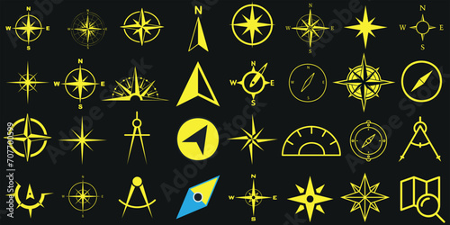 Compass icons collection, perfect for travel, adventure, exploration themes. Compass icons in various designs, enhancing navigation symbols set