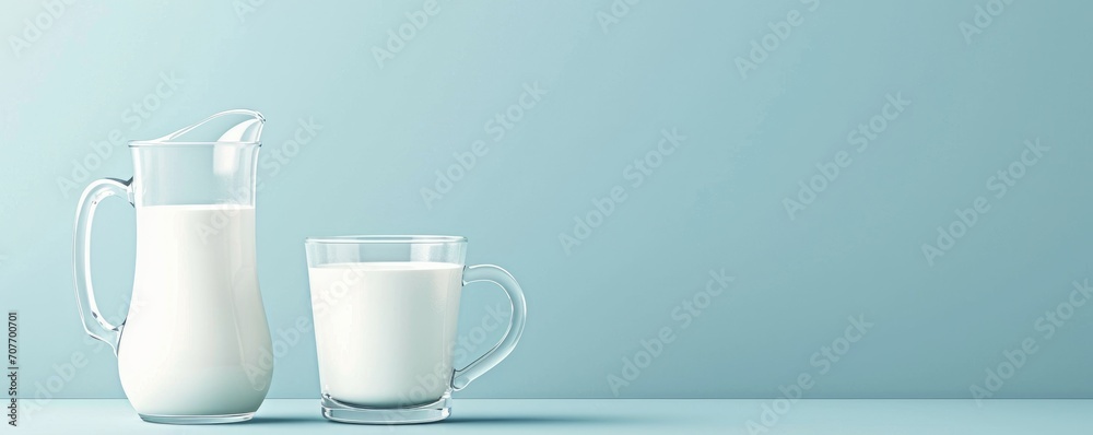 Full Glass Carafe and Milk Mug on Blue Background Full Glass Carafe and Milk Mug on Blue Background