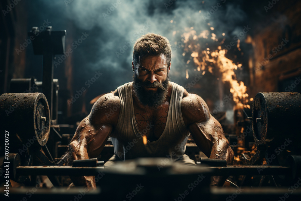 A muscular guy, veins popping, lifting heavy weights in an industrialstyle gym, surrounded by