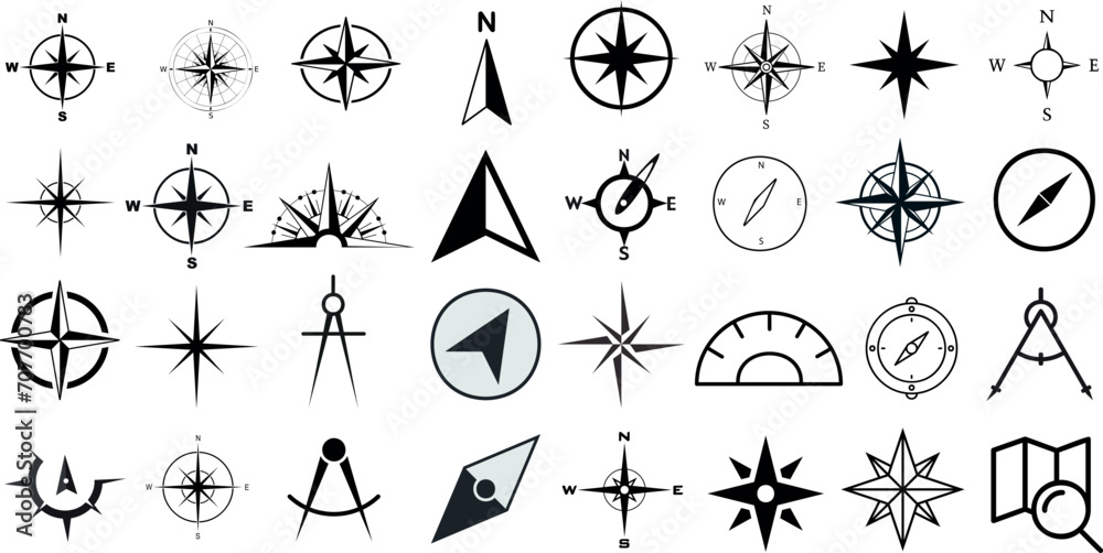 nautical compass navigation icons set. Perfect for marine, sailing, travel themes. 32 black symbols isolated on white background. From simple arrows to complex geometric patterns, find your direction - obrazy, fototapety, plakaty 