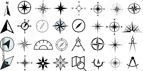 Compass, navigation, exploration icon set. Vector illustrations of diverse compass rose designs. Perfect for travel, adventure, maritime themes. Black outlines, white background