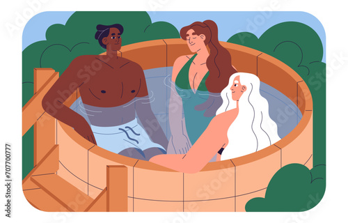 People rest in traditional japanese bathing. Ofuro bathhouse in Japan. Men and women relax in wooden barrel with hot water. Friends care about wellness, body in spa, sauna. Flat vector illustration