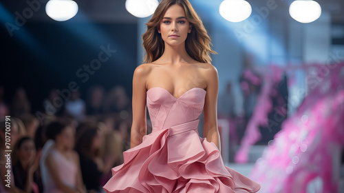 Woman in pink dress, view fashion show model in pink designer dress on stage, high fashion, haute couture, Catwalk show, Valentine day, 8 March, Women day photo