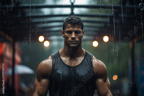A chiseled athlete, dripping with sweat, executing a perfect pull-up on gymnastic rings against the backdrop of an urban calisthenics park.