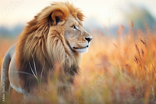male lion scanning savannah at sunrise