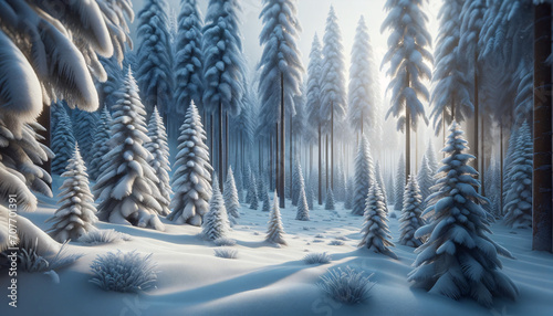 Bosque Nevado de Pinos Cubiertos de Nieve en un Frío Amanecer Invernal, Símbolo de Navidad, Paz y Serenidad Natural en el Medio Ambiente - Belleza del Invierno Helado y Medio Ambiente photo