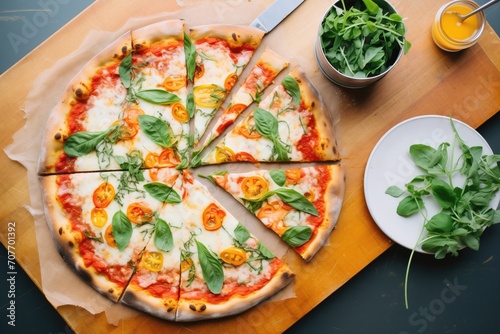 overhead shot of a margherita pizza with a slice taken out