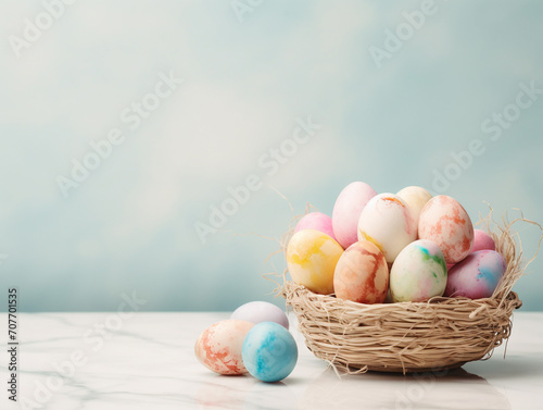 Easter eggs with varied pattern and different colors. Neutral background.