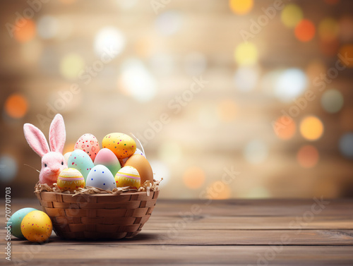 Easter eggs with cute bunny of different colors. Bokeh on neutral background.