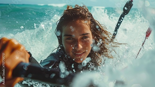 Portrait of a young happy woman doing kitesurfing photo